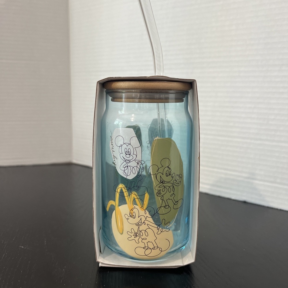 Disney‎ Glass Tumbler With Bamboo Lid & Straw Mickey Mouse Sketch